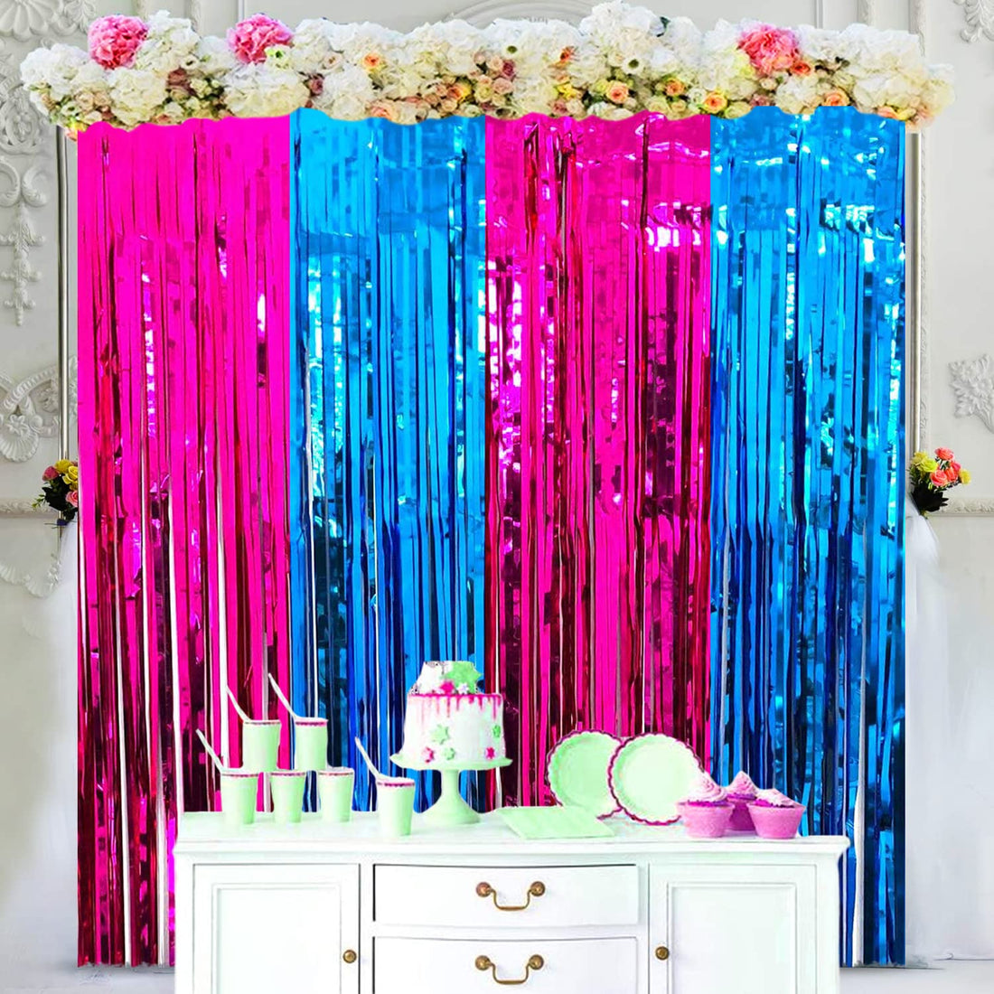 ZyoziqueBaby Shower Decorations, Metallic Tinsel Foil Fringe Curtains (Pink/Blue), Baby Shower Party Decoration Party Photo Backdrop, 3 ft x 6 ft.(Pack of 4)