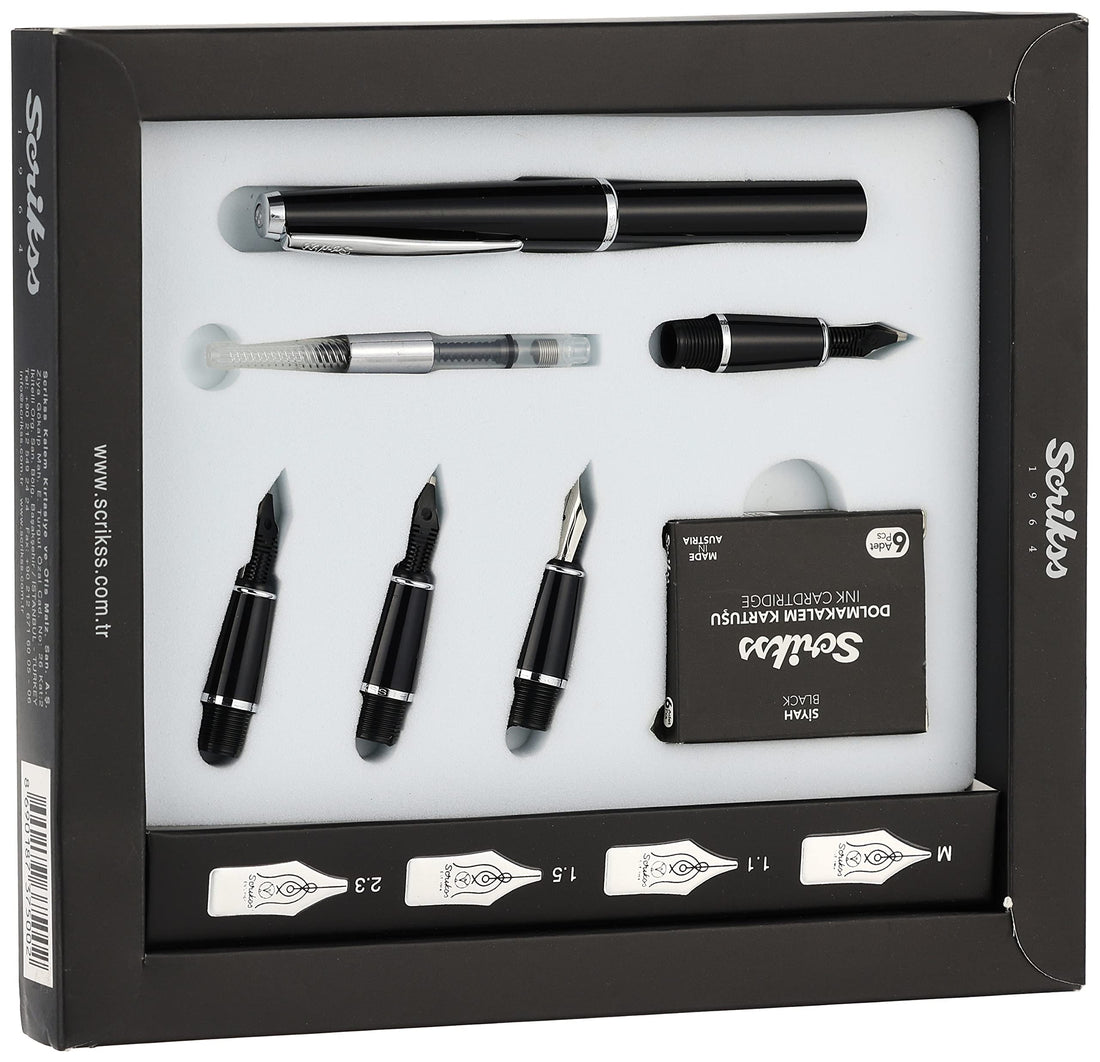 Scrikss Calligraphy Set Box Fountain Pen + 4 Nibs (1.1 mm/1.5mm/2.3mm/ m + 6 Cartridges Black Model 75002 .