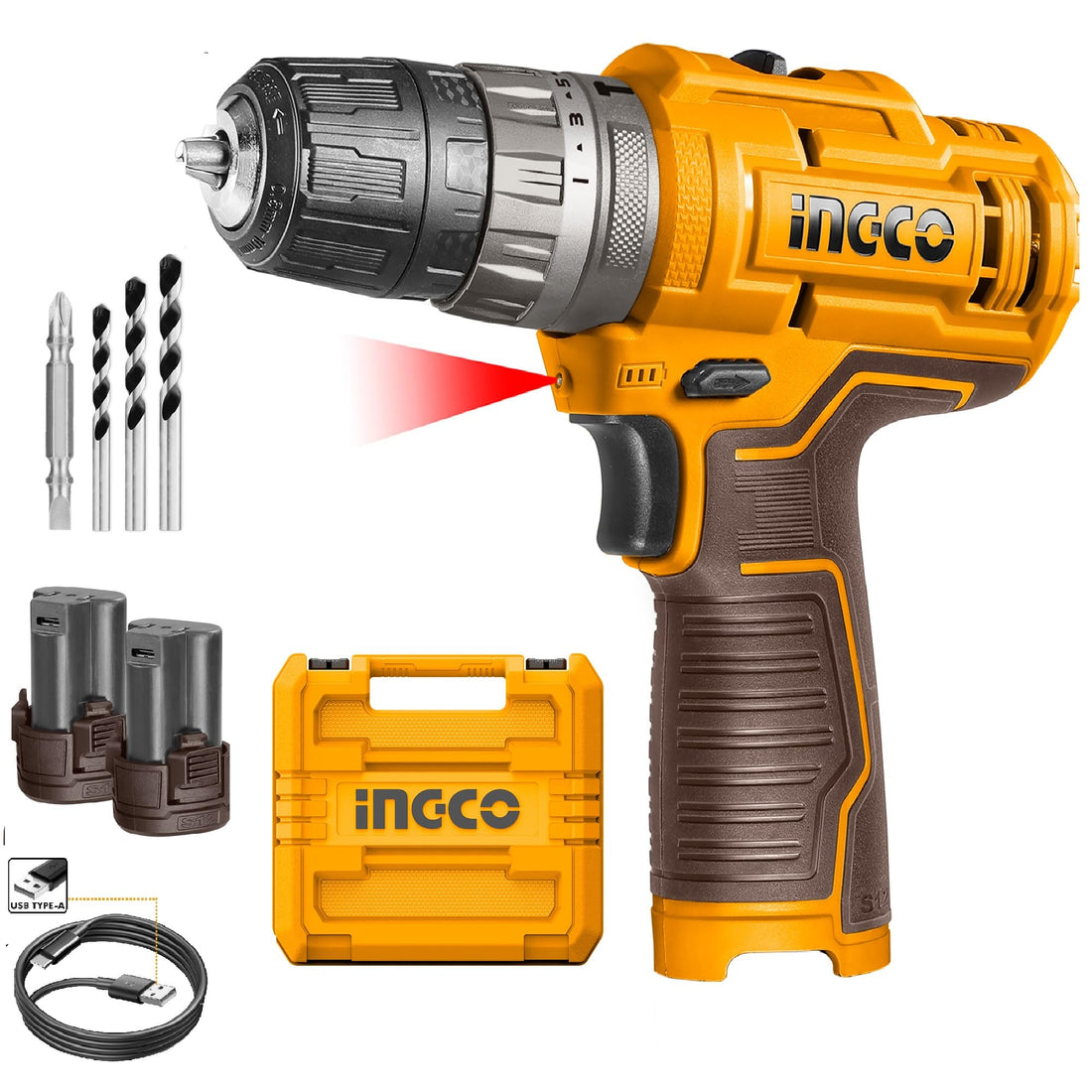 INGCO Cordless Impact Drill Machine Home Use with 2 pcs Batteries, Charger cable & Drill bits