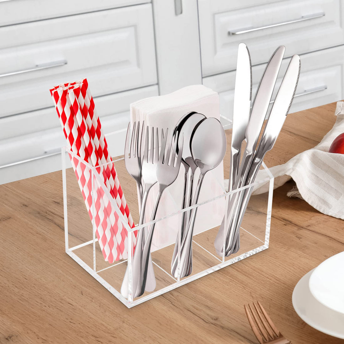 BEST MEDIA Utensil Holder Organizer, Clear Acrylic Countertop Caddy for Storing Cutlery, Flatware, Spoons, Forks, Knives and Napkins, Suitable for Kitchens, Buffets and Dining Tables, Clear