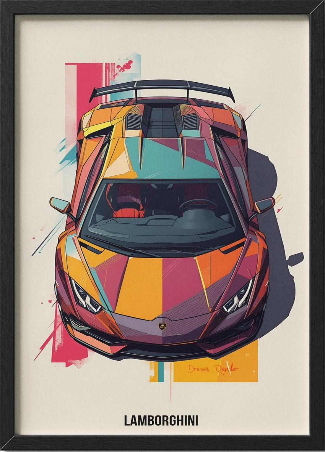 Lamborgini Sports Car Wall Art, Colorful Abstract Design, Black Frame, 40x30 cm