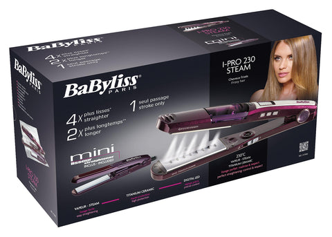 Babyliss ST396ALE iPro 230 Steam Wet and Dry Hair Straightener 230C, Titanium Ceramic and Mini Straightener, Purple – International Warranty – ST396ALE