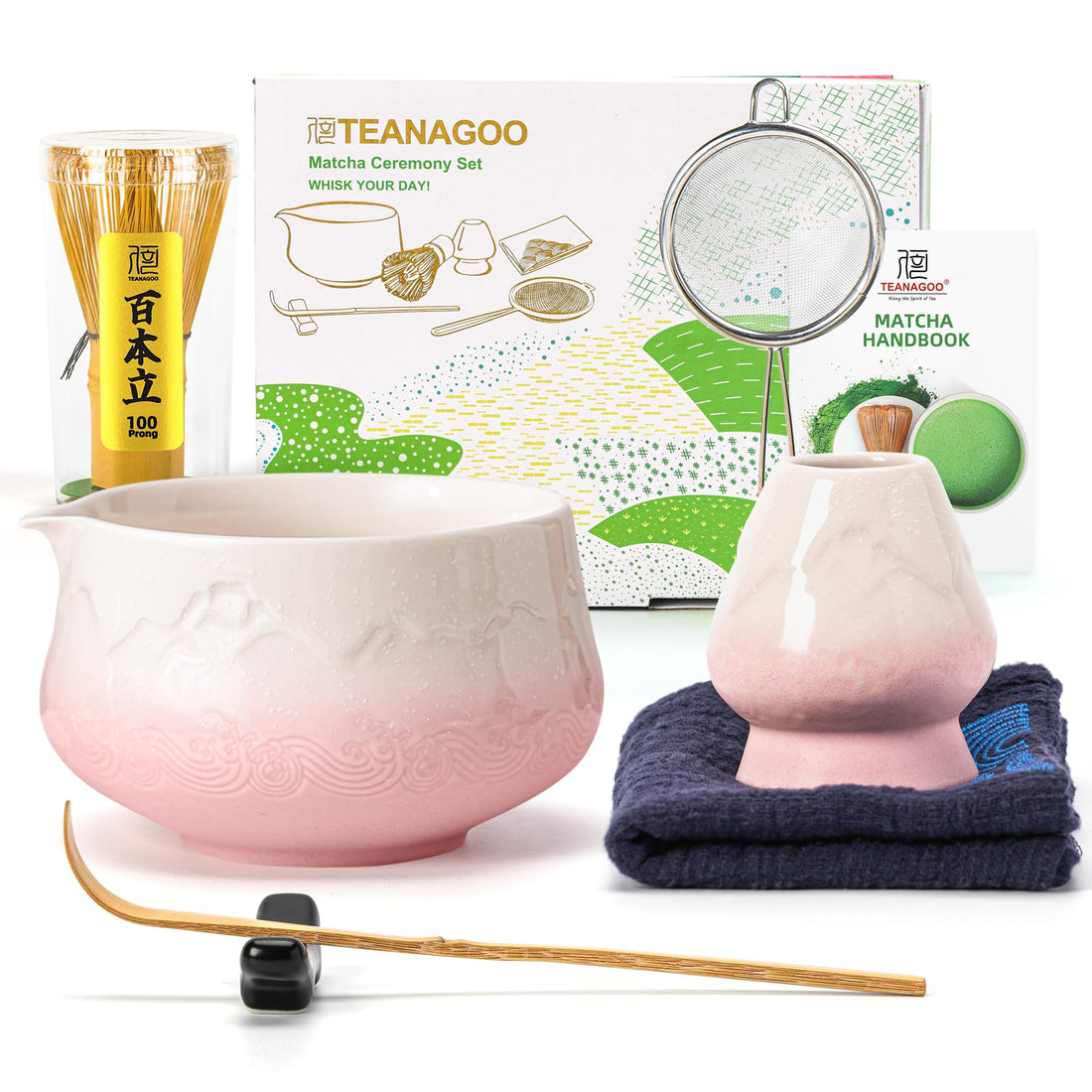 TEANAGOO 7 Pcs Matcha Whisk Set, Pink Matcha Set, Ceremony Matcha Powder Kit,Matcha Tea Set for Making Latte,Matcha Whisk Set and Bowl with Scoop&Sifter,Fuji Design Ceramic Bowl,Gift for Matcha Lovers