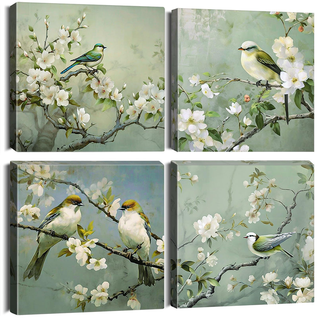 Sungeek 4 Pieces Canvas Wall Art Prints Modern Picture Framed Flowers with Bird Artwork Paintings for Bedroom Living Room Kitchen Home Wall Decoration Paintings 30x30cm