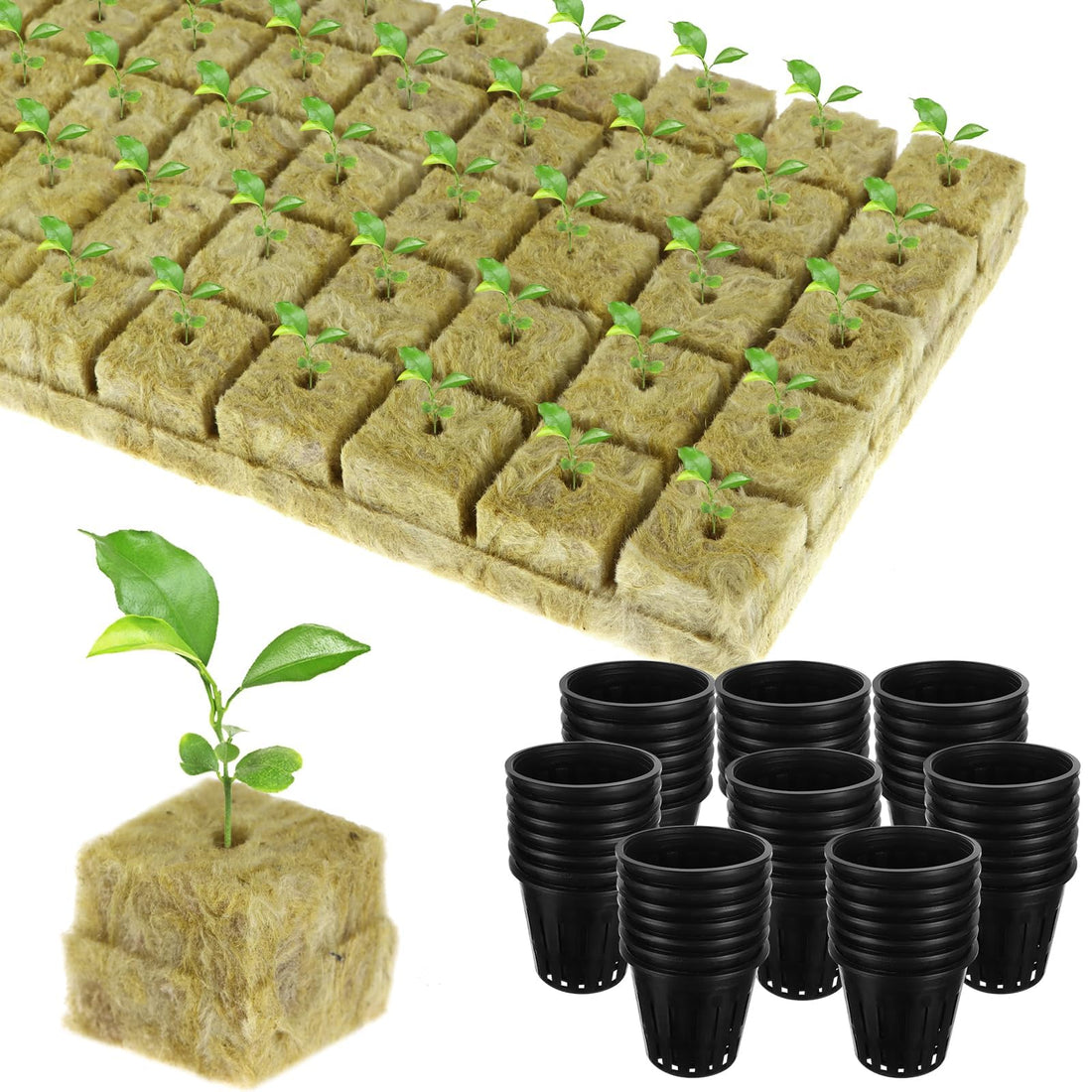 50 Set Rockwool Grow Cubes with Net Pots, Including 50 Packs lastic Net Pots, 50 Packs Rock Wool Planting Cubes for Hydroponics Garden Tower Supplies, Soilless Planting Seedling Greenhouse