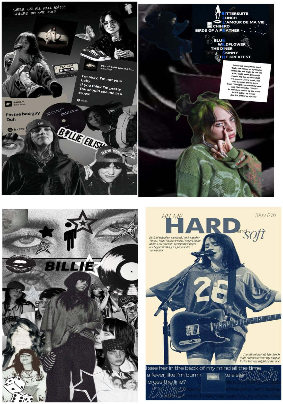 4 Pieces Poster Wall Art Posters for Room Decor Print High Style Billie Eilish Her Songs (20x30cm No Frame)