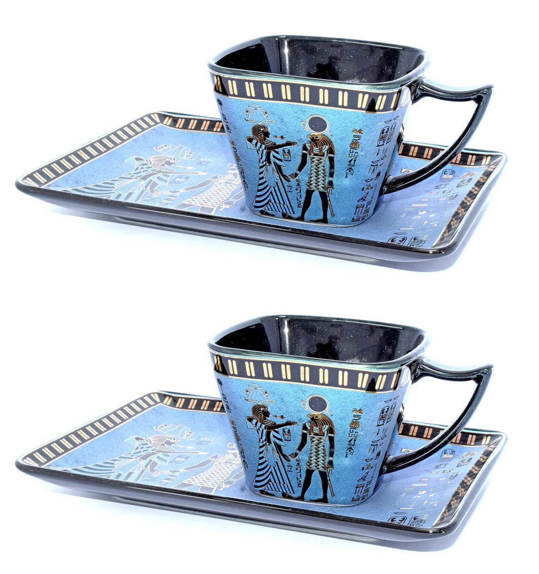 pack of 2 Coffee mug and 2 of it's plate of immatgar pharaonic Coffee mug ancient Egyptian souvenirs gifts for women and men from Egypt - mother day gifts (2kings - square - Blue - 75 MM)