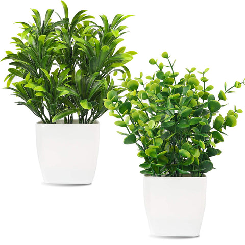 Whonline 2pcs Artificial Mini Potted Plants Fake Plastic Eucalyptus Leaves Plants for Home Office Desk Room Greenery Decoration