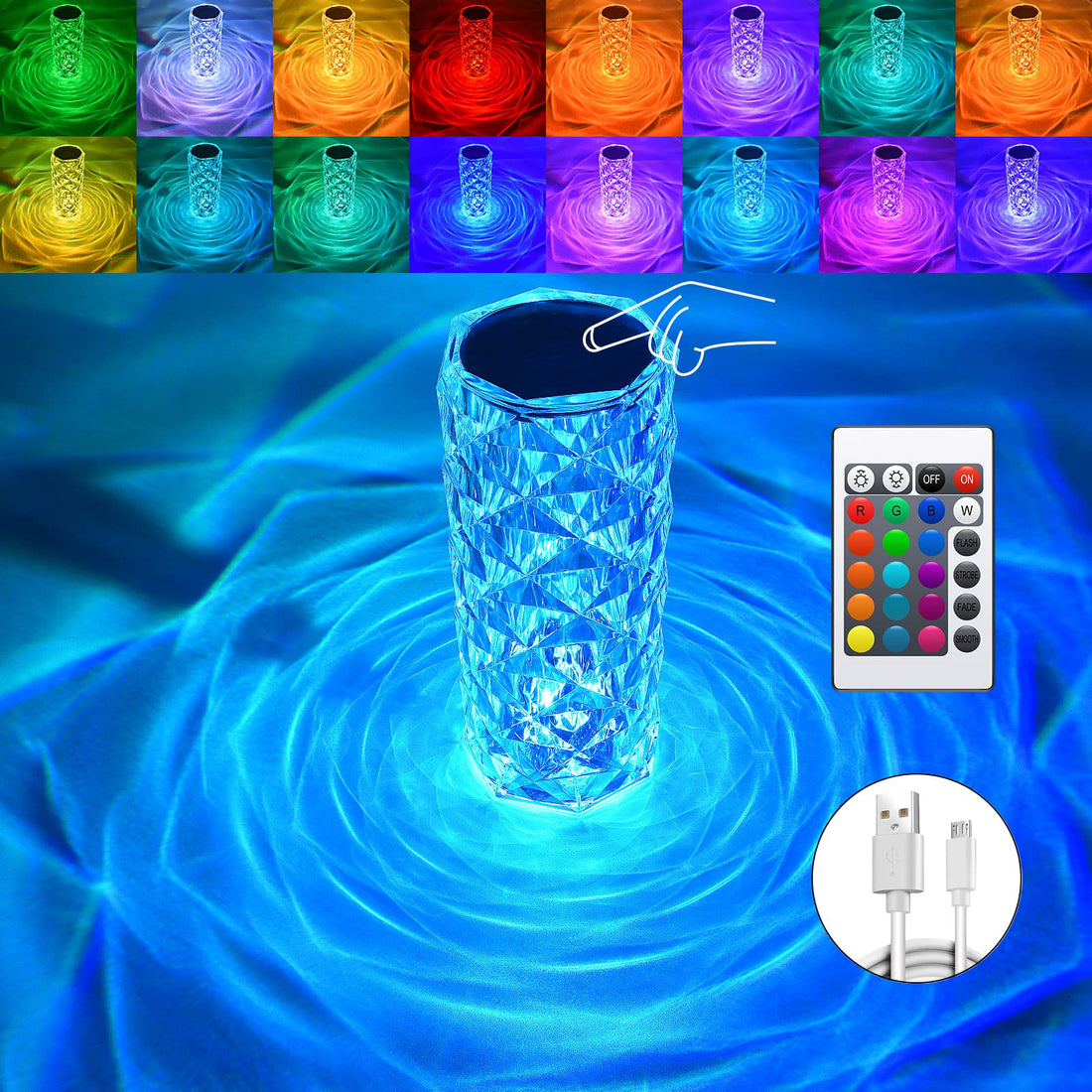 Crytal Table Lamp,Rose Diamond Table Lamp, Color Charging Touch Lamp,16 Color RGB LED Lights Remote Table Lamps for Bedroom, Living Room