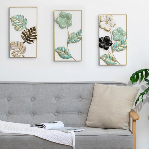 Gold Leaf Wall Decor Modern Wall Art Home Decor, Set of 3 Metal Wall Hanging Decoration for Living Room Office Bedroom Hotel, wall decor measures 42cm x 24cm per one frame