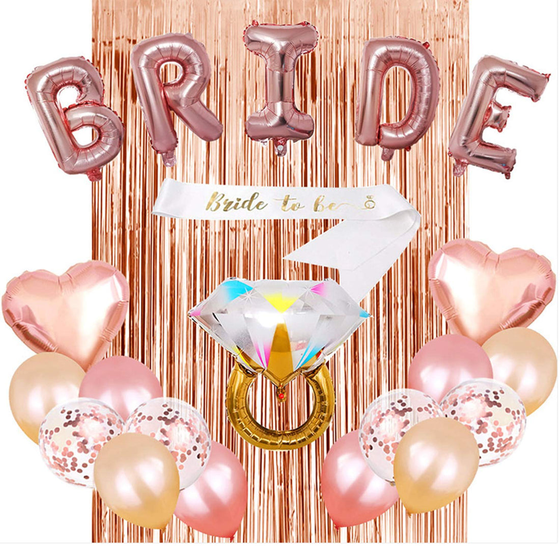 Bachelorette Party Decorations Bride Banner Balloon Set Foil Curtains Wedding Engagement Ring Balloon Hen Party Decoration Bridal Shower Supplies Rose Gold Latex Balloon Kit