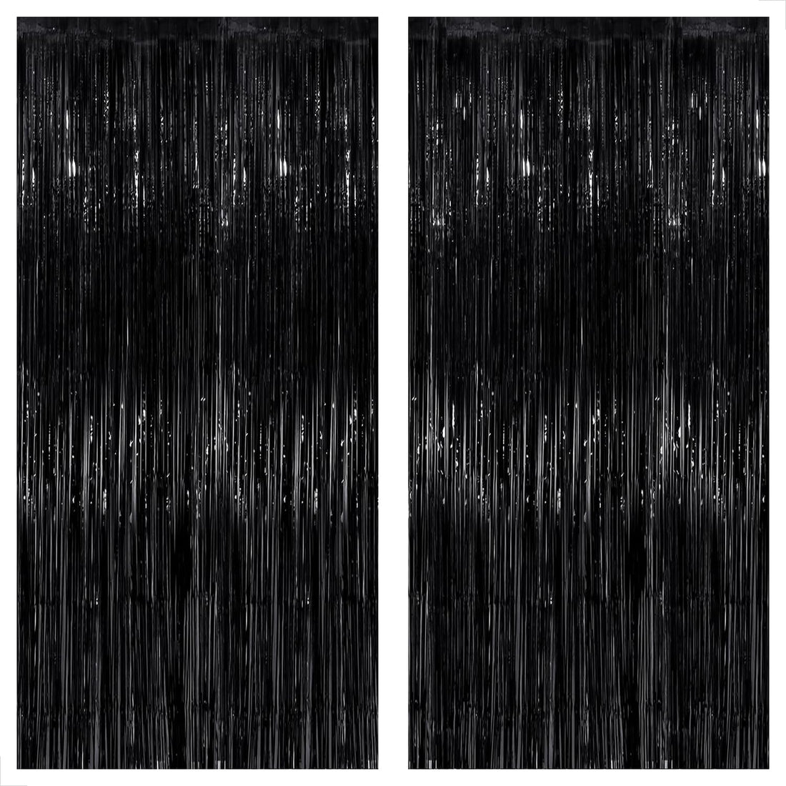 Xtra Large, Black Fringe Foil Curtain - 3.2x10 Feet | Pack of 2 | Shimmer Metallic Backdrop for Black Party Decor | Shiny Black Tinsel Streamers for Bachelorette, New Year Eve, Prom Night, Graduation
