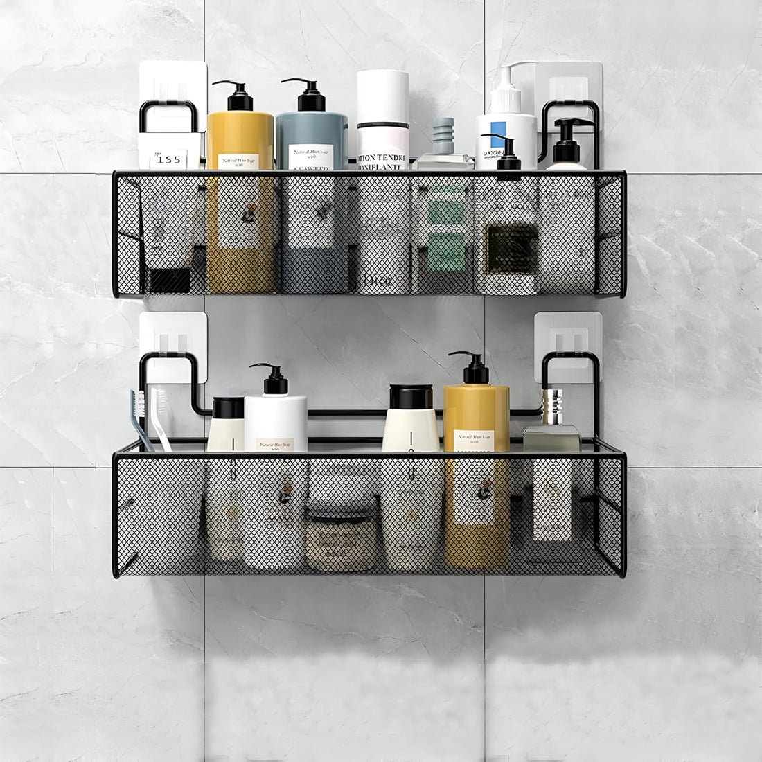 Metal Mesh Hanging Shower Shelf No Drill Rust Resistant Black Bathroom Organizer for Toiletries and Accessories Storage Caddy Rack 35 x 14 CM