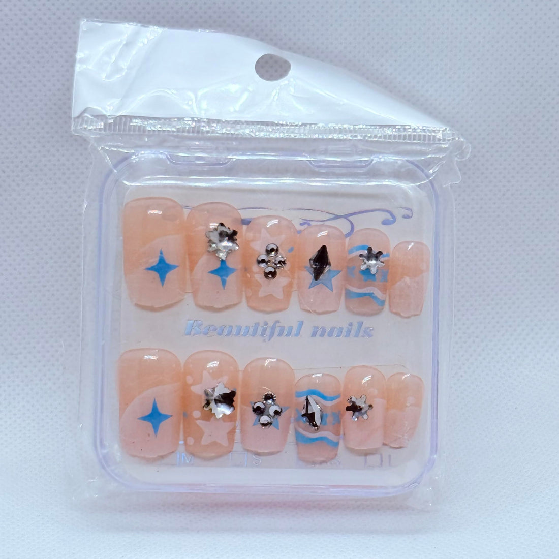 Press On Nails Set Bedazzled Fake Nails with Nail File, White, Pink, Beige, Fuchsia, Salon Finish for Party, Wedding (Beige and Blue)