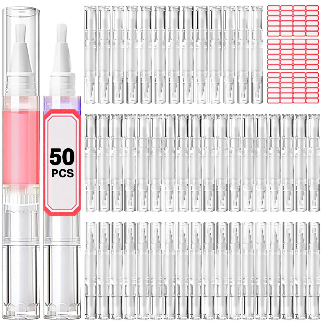 Cuticle Oil Pen 50Pcs 5ml Empty Nail Oil Pen Transparent Twist Pens with Brush Tip for Nail Oil, Eyelash Growth Liquid Tube, Cosmetic Lip Gloss Container Applicators + 72pcs Label