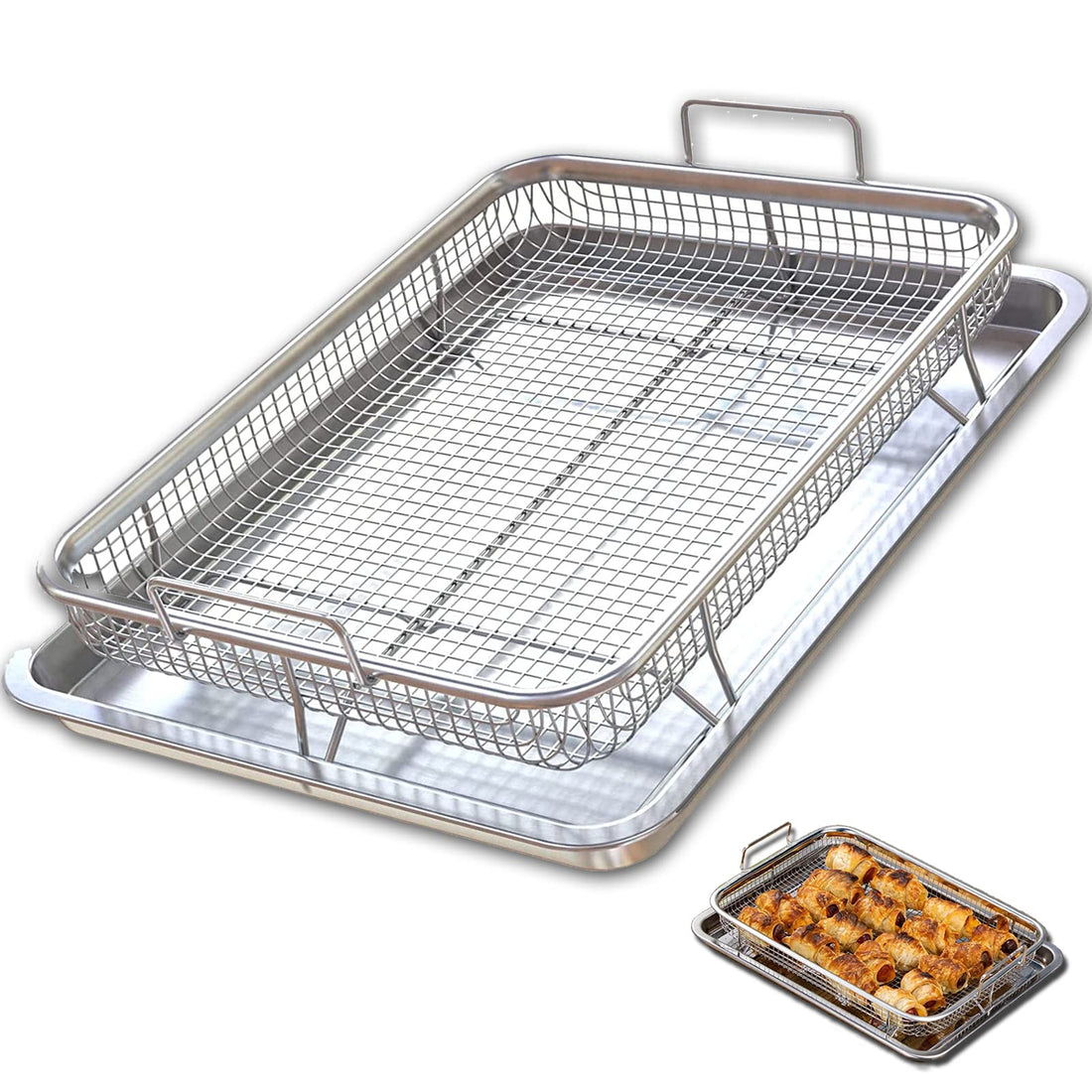 Air Fryer Basket for Oven, 12.8x9.6 Inch Stainless Steel Toaster Oven Tray Non-stick Mesh Basket Set, Air Fryer Tray Bacon Oven Rack Basket 2 Piece Set