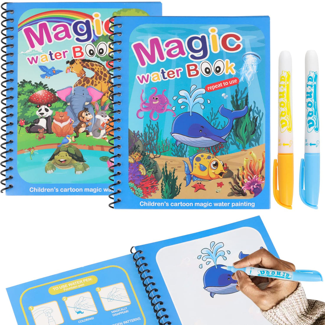 2 PCS Magic Water Colouring Book, Water Painting Books for Kids, Water Magic Colouring Book, Water Colouring Books for Children with Pen for Children Gifts,Doodle Game