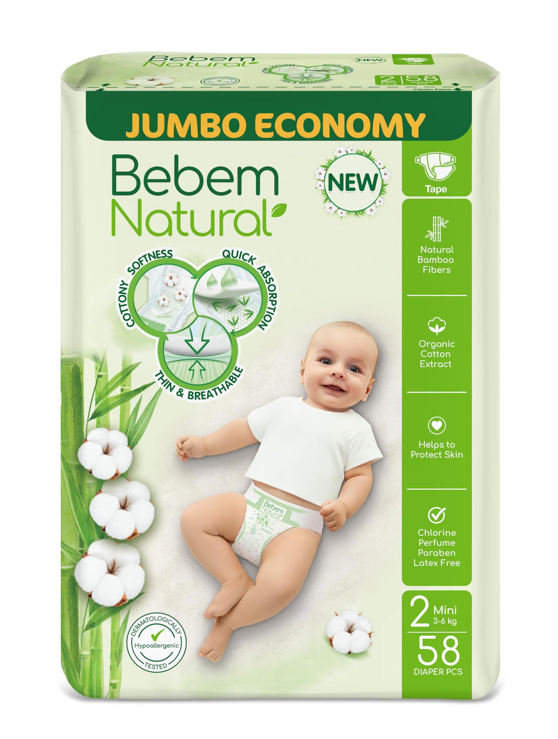 Bebem Natural Baby Diapers Open Diapers Size 6,16+ KG, Jumbo Pack, 48 Units, Organic Cotton & Bamboo Fibers