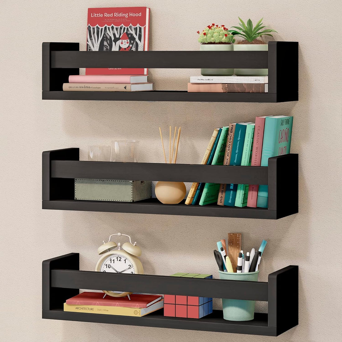 WooDinto Wall Shelves for Living Room, Bedroom|Wall Mounted ShelfWall Hanging Storage Unit|Wall Organiser Shelf (Black, Floating Set of 3 - Black - 18 Inch)