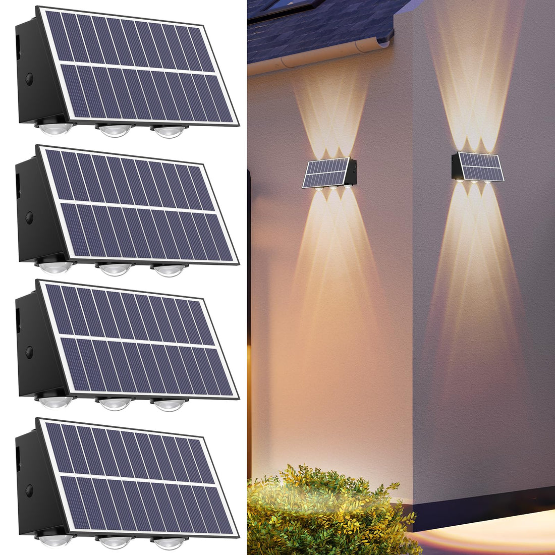 REINHARDT Solar Lights - Outdoor Waterproof Solar Wall & Sconce Lights, Up & Down, Fence & Decor for Porch, Garage, Yard, Deck, Garden, Walkway - Warm White, 4 Pack