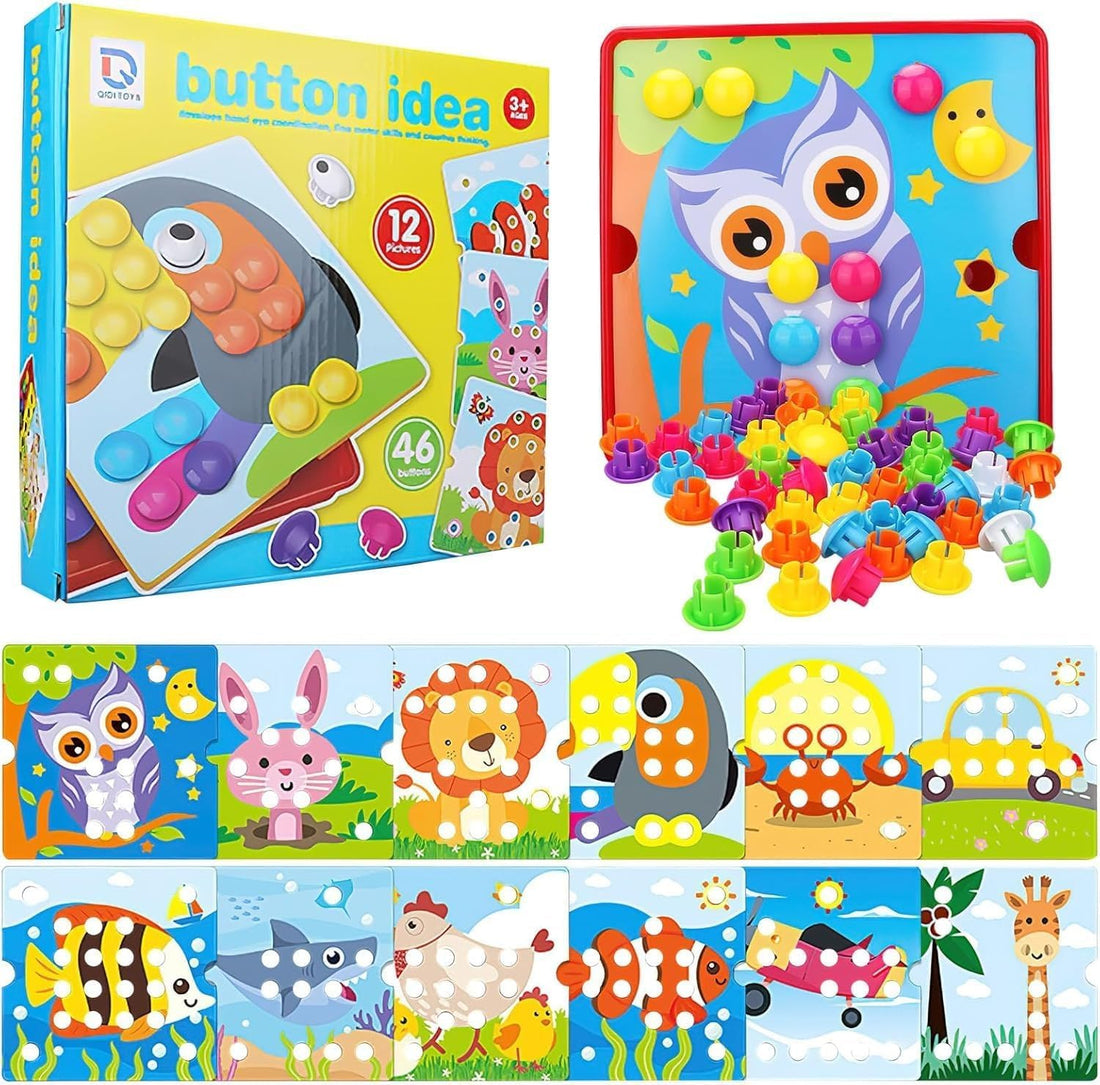 Button Matching Game for Kids "Button Idea" (New and Upgraded Version) – Includes 12 Design Cards & 46 Colorful Buttons – Motor Skills & Color Recognition – Ages 3+ (parrot.)