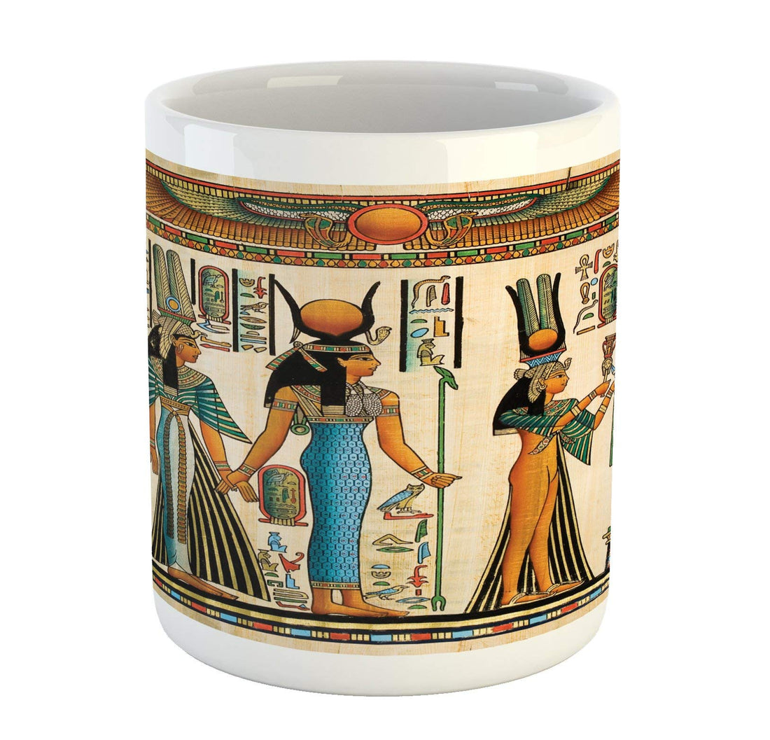 Egyptian Print Mug, Egyptian Papyrus Depicting Queen Nefertari Making an Offering to Image, Ceramic Coffee Mug Cup for Water Tea Drinks, 11 oz, Teal Orange