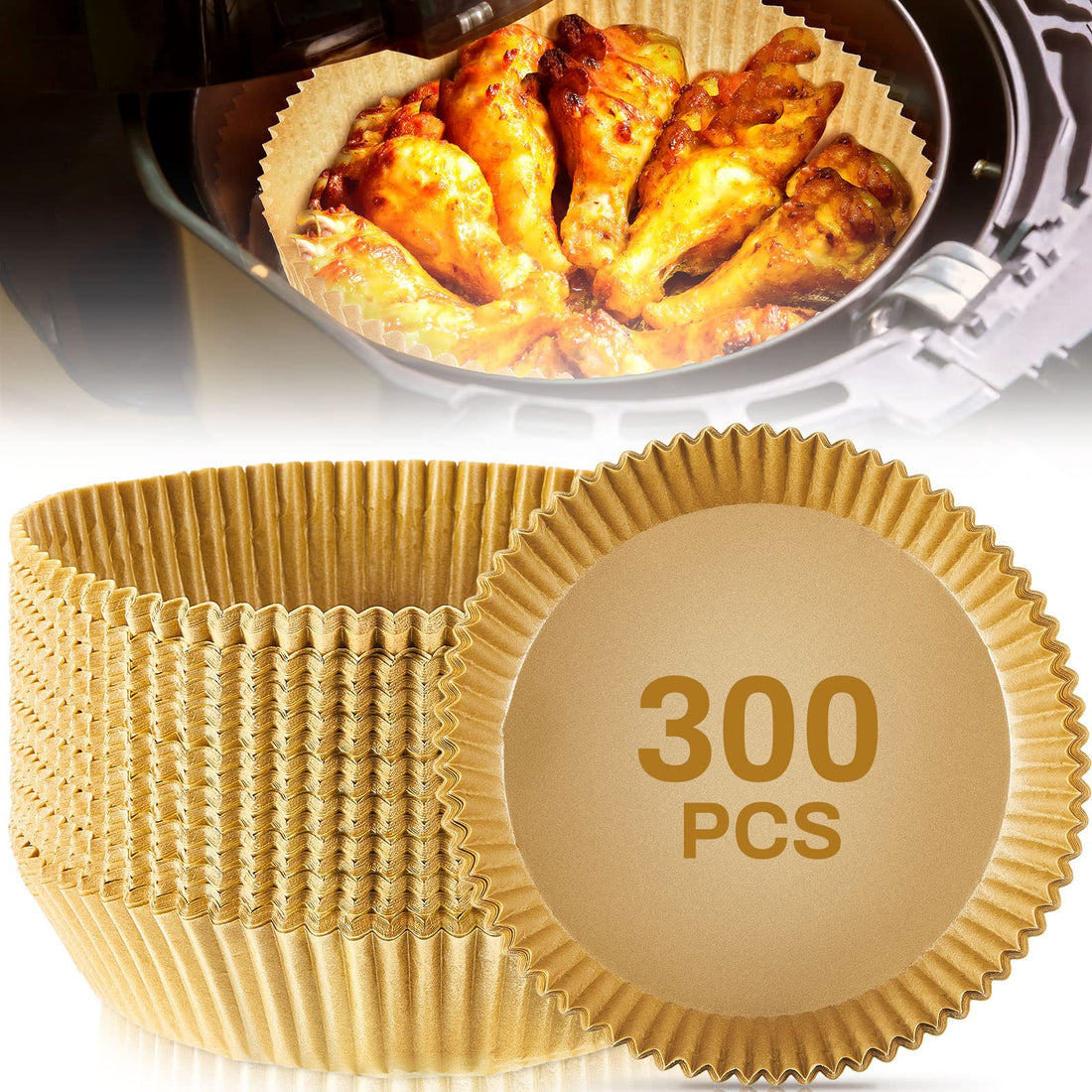 300 Pieces Air Fryer Paper Liners Non Stick Disposable Air Fryer Liners Oilproof Cooking Paper for Air Fryer Waterproof Oil Paper for Baking with Brown Cardboard Packaging Boxes for Roasting (Wood)