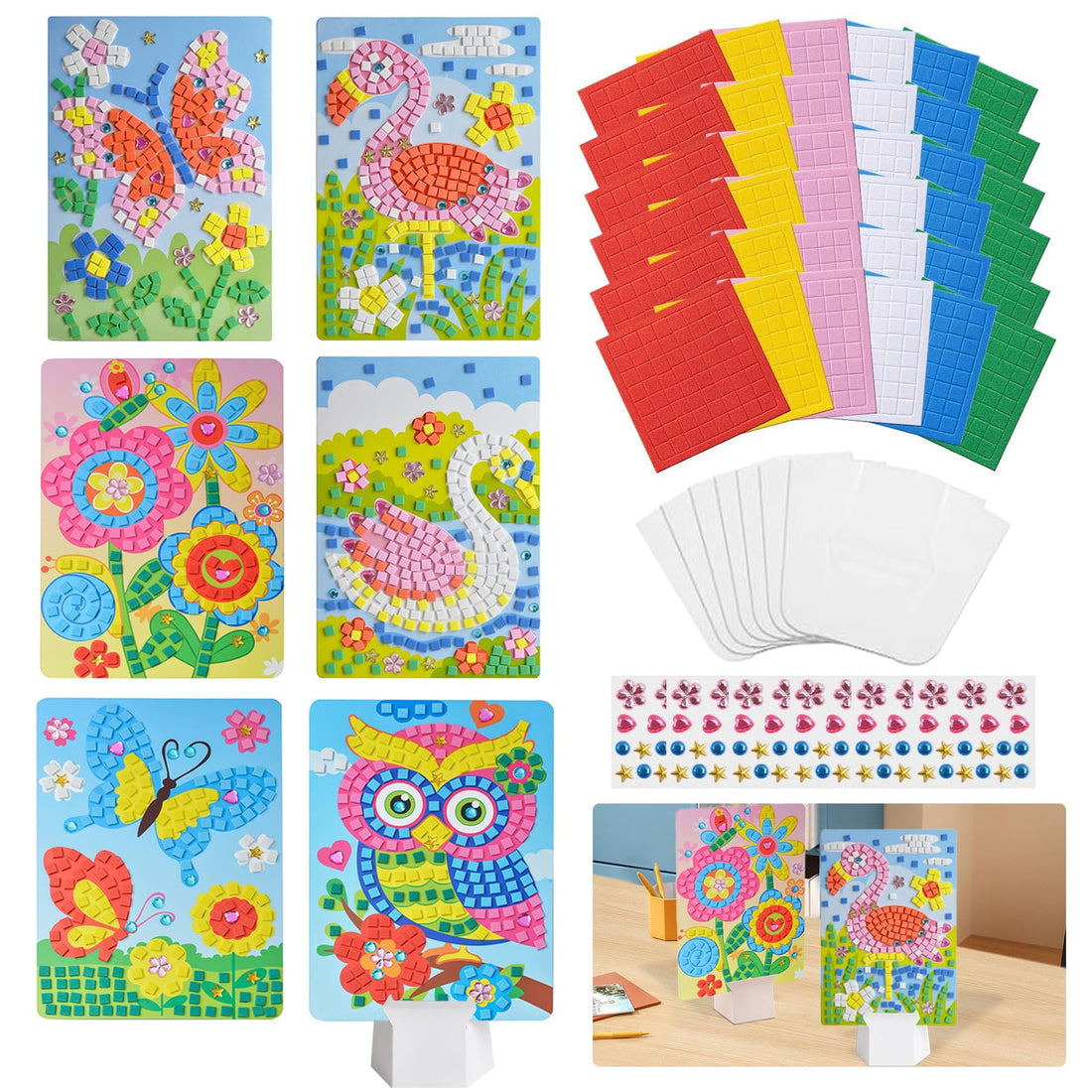 Shinybox Mosaic Stickers for Children, 6 Pieces Spring Mosaic Adhesive Painting Kit, Creative Foam Mosaics Set for Girl DIY