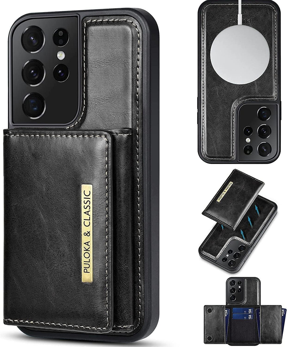 Next Store Leather Wallet Case Compatible with Samsung Galaxy S25 Ultra Detachable Card Holder, Support Wireless Charging, Full Protection, Classic, Shockproof, (Black)