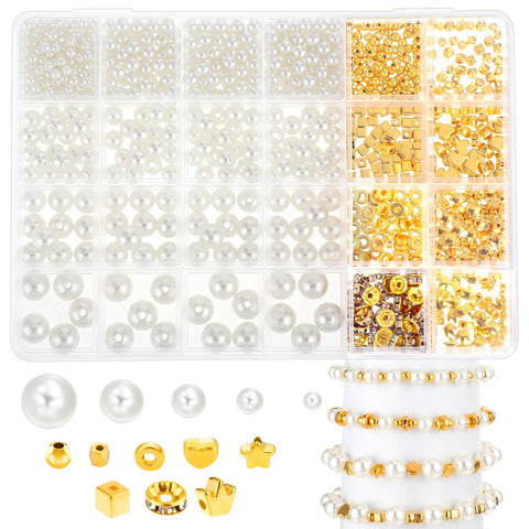 Aster 970Pcs Shiny Gold Spacer Beads and White Pearl Beads Set for Jewelry Making, Assorted Sparkling Gold Spacer Beads Round Disc Beads for Crafting, Bracelet Making (4/6/8/10/12 mm)