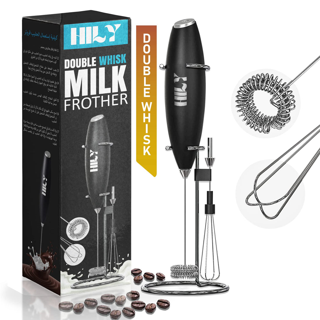 HiLY Double Whisk Milk Frother and Egg whisk, Handheld Foam Maker with Stand- High Power Frother With Improved Motor- Milk Frother Electric Whisk Coffee Mixer For Cappuccino, Frappe, Matcha & More