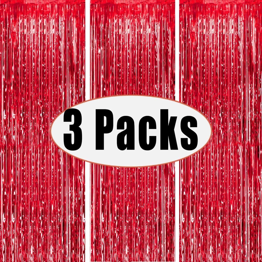 FECEDY Metallic Foil Curtains With 3 Packs For Party 3.28 x 6.56 Ft - Red