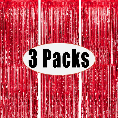 FECEDY Metallic Foil Curtains With 3 Packs For Party 3.28 x 6.56 Ft - Red