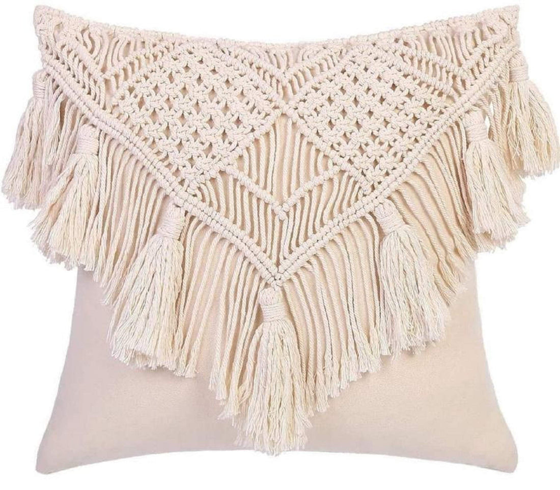 OMG-Deal 2 Pcs Pillow Covers/Throw 18 x 18 Inches Macrame Cushion Case Woven Boho for Bed Sofa Couch Bench Car Home Decor Comfy Square Pillow Cases with Tassels