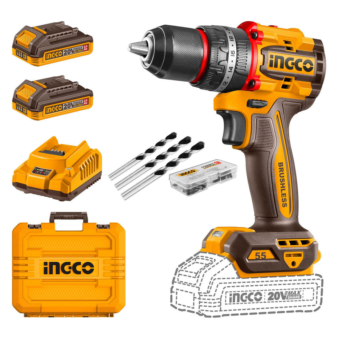 INGCO 20V Brushless Cordless Impact Drill with 2 Batteries, 55Nm Max Torque, 0-2000 RPM, 30,000 BPM, 47-Piece Accessory Set, Metal Chuck, LED Light, 2-Speed Gear & Carrying Case