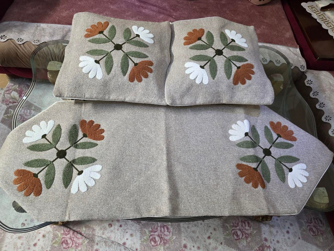 Floral Embroidered Linen Table Runner and Cushion Set, Natural Beige with White and Rust Flowers, 90x45cm Runner with 2 Matching 45x45cm Cushions,set of 3 (beige with green) .sr