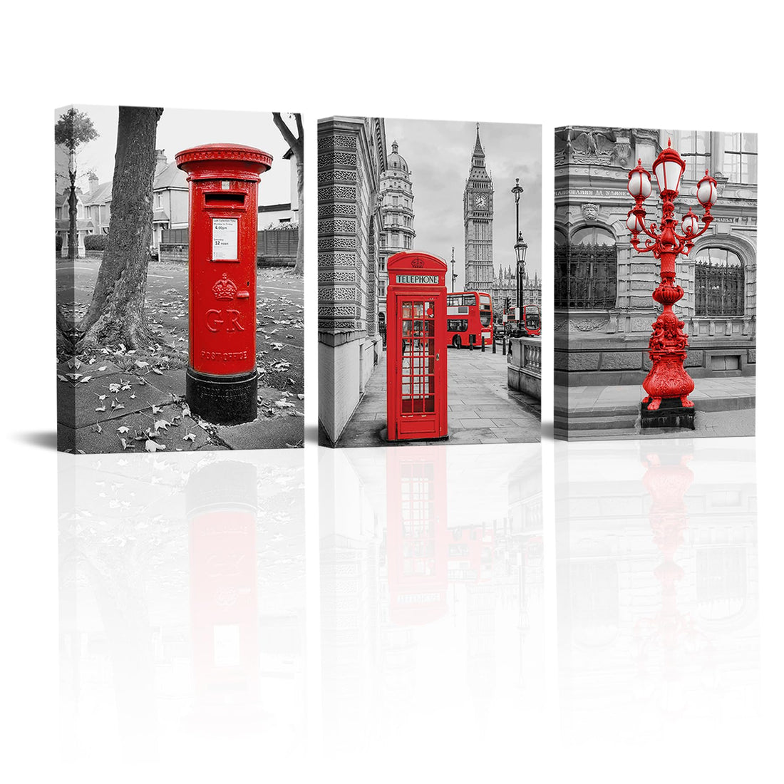 Sepwrol Red Telephone Booth Fire Hydrant Street Lamp Canvas Wall Art Black White London Street Prints Wall Decor Modern City Landscape Printing Artwork for Home Bedroom Office 12"x16"x3