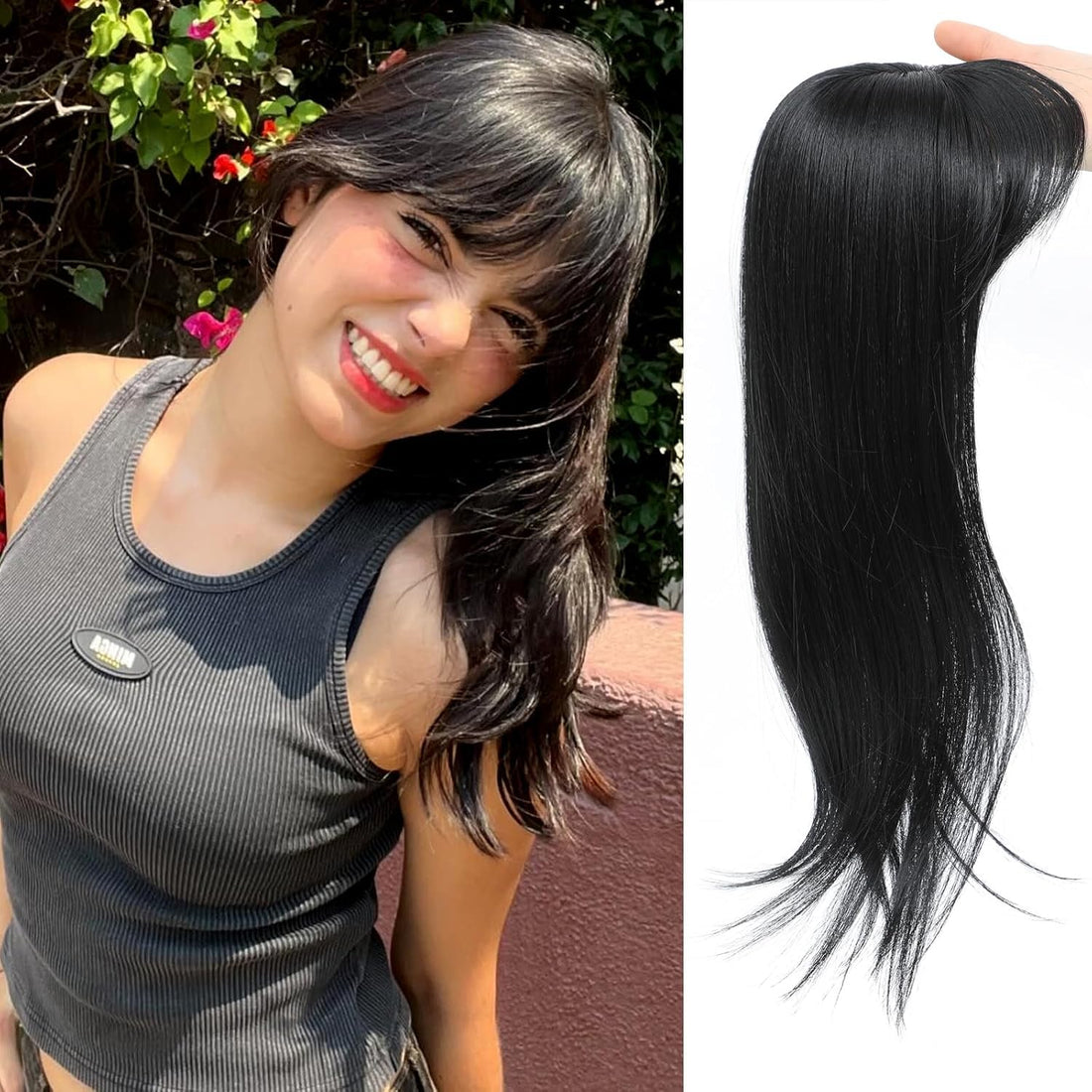 Hair Topper Clip in Bangs, 3D 360° Cover Hair Topper- 4 CLIPS for Women with Thinning Hair, 18 Inch Fluffy Toppers Hair Pieces for Women- 40 CM TO 45CM (JW296-N1- BLACK)