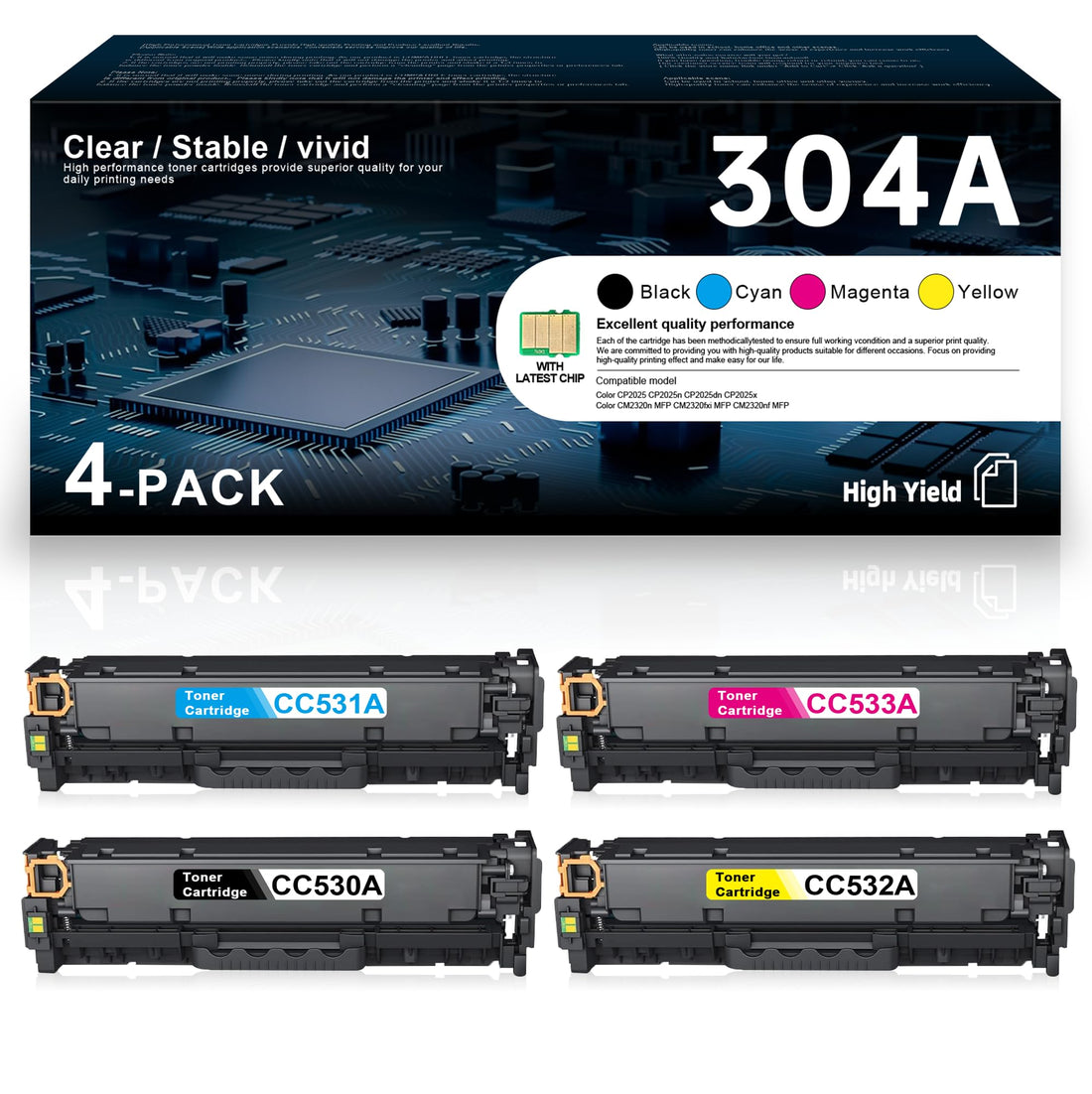 304A Toner Cartridge Replacement for HP 304A CC530A CC531A CC532A CC533A Toner Color CP2025 CP2025n CP2025dn CP2025x MFP CM2320n CM2320fxi CM2320nf Printer Ink 4 Pack (Black Cyan Magenta Yellow)