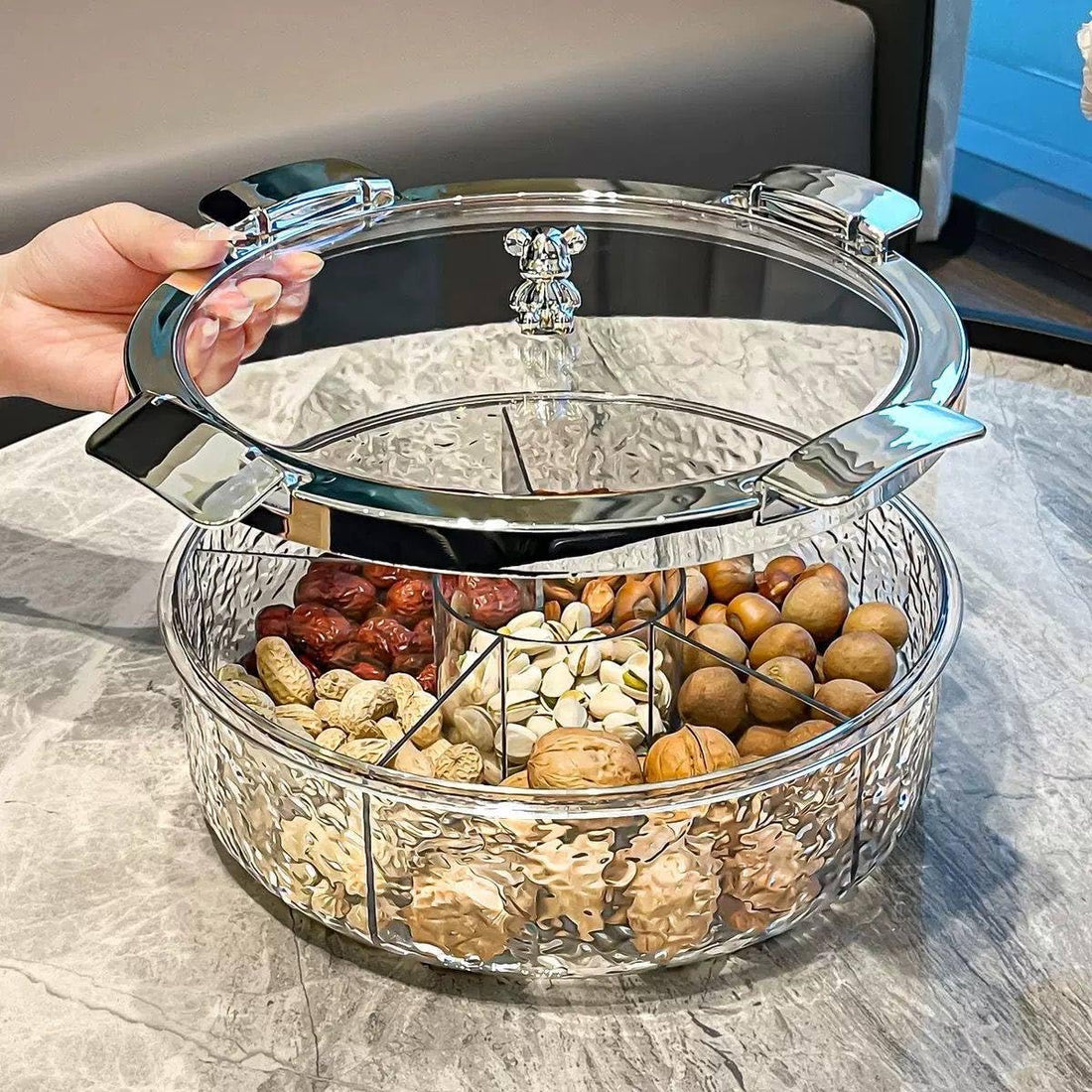 Clear Round Serving Plate Divided with Lid for Nuts Tasalia Kahk Elegant Design Luxury for Events and Banquets