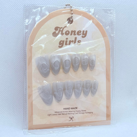 Cat Eye Effect Heart Press On Nails – Almond Shape Fake Nails with Magnetic Effect, Glossy Salon Finish, Multi Color Set (Red, Blue, Navy, White, Beige & Black) (White)