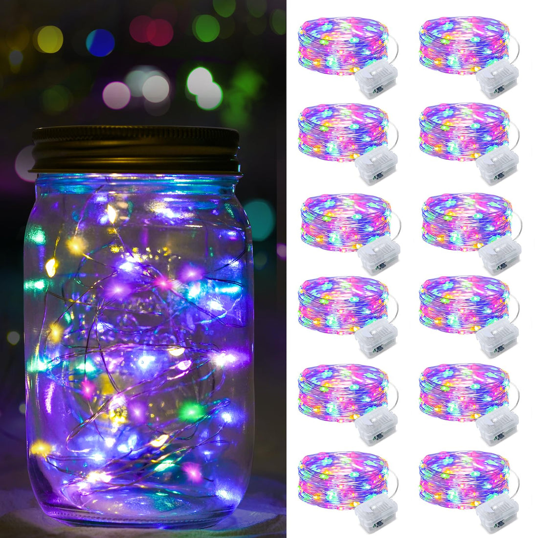 12 Pack LED Fairy Lights Battery Operated String Lights Waterproof Silver Wire, 7 ft 20 LED Firefly Starry Moon Lights Mason Jar Lights for DIY Wedding Party Bedroom Patio Christmas, Colorful