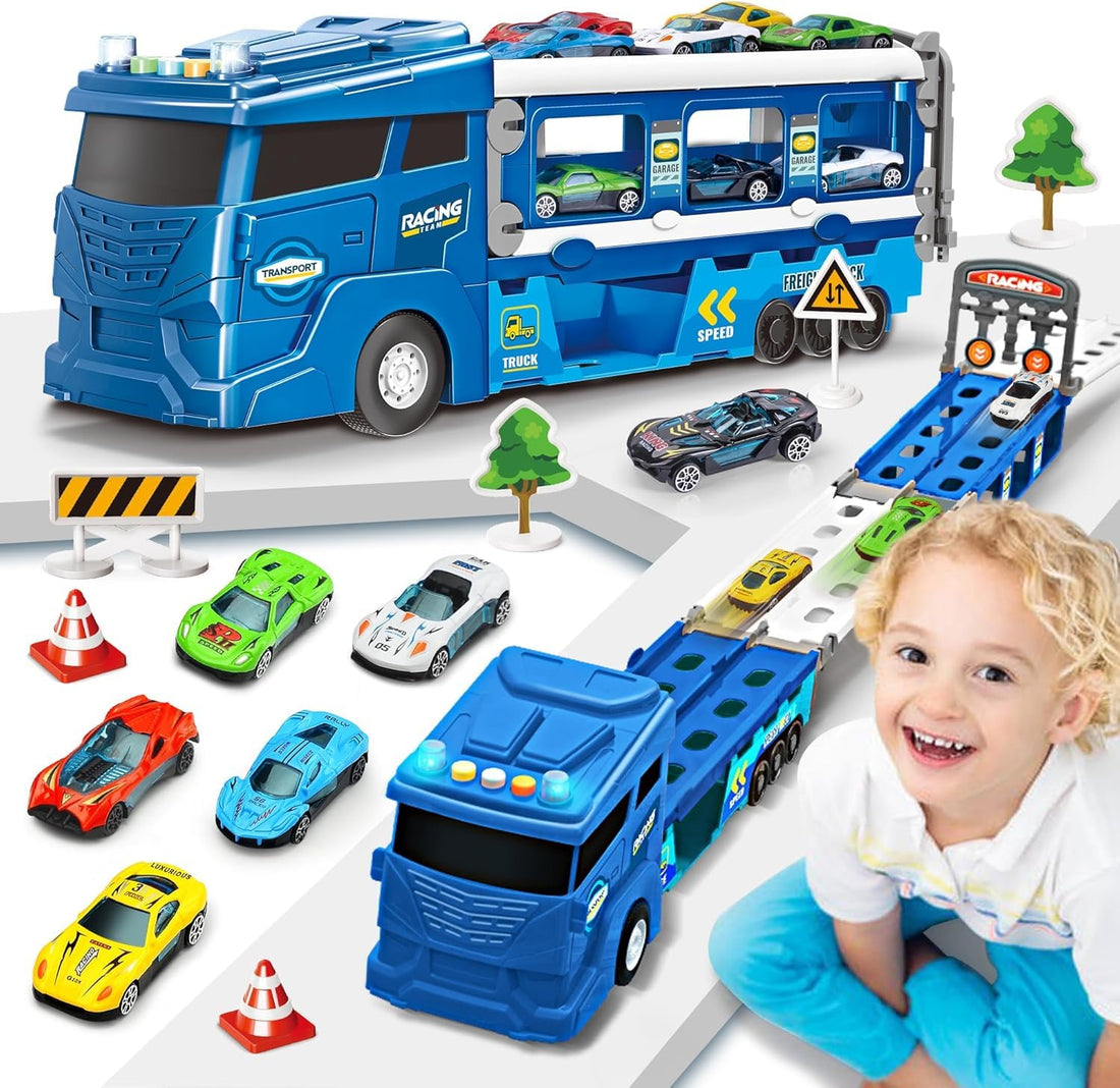 TOYS LAND Transport Truck Toy for Kids, Car Carrier Truck with 114 cm Foldable Race Track and 6 Racing Cars, Lights & Sounds, Traffic Signs, Birthday Gift for Toddlers Boys Girls 3+ (Blue)