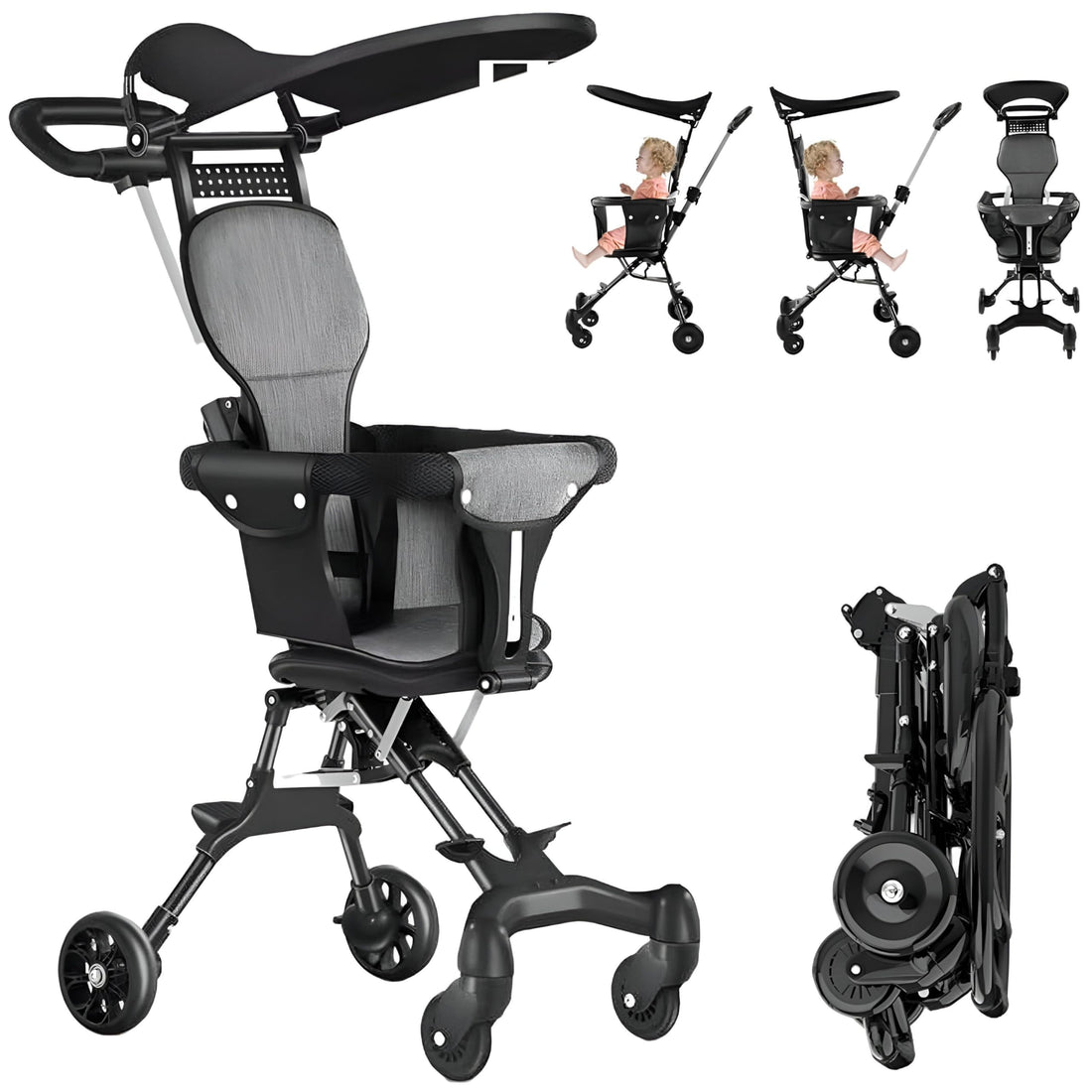 Foldable Stroller - Ultra-lightweight baby carrier with swivel wheels, extendable sun canopy, and secure 5-point harness for ages 1-6