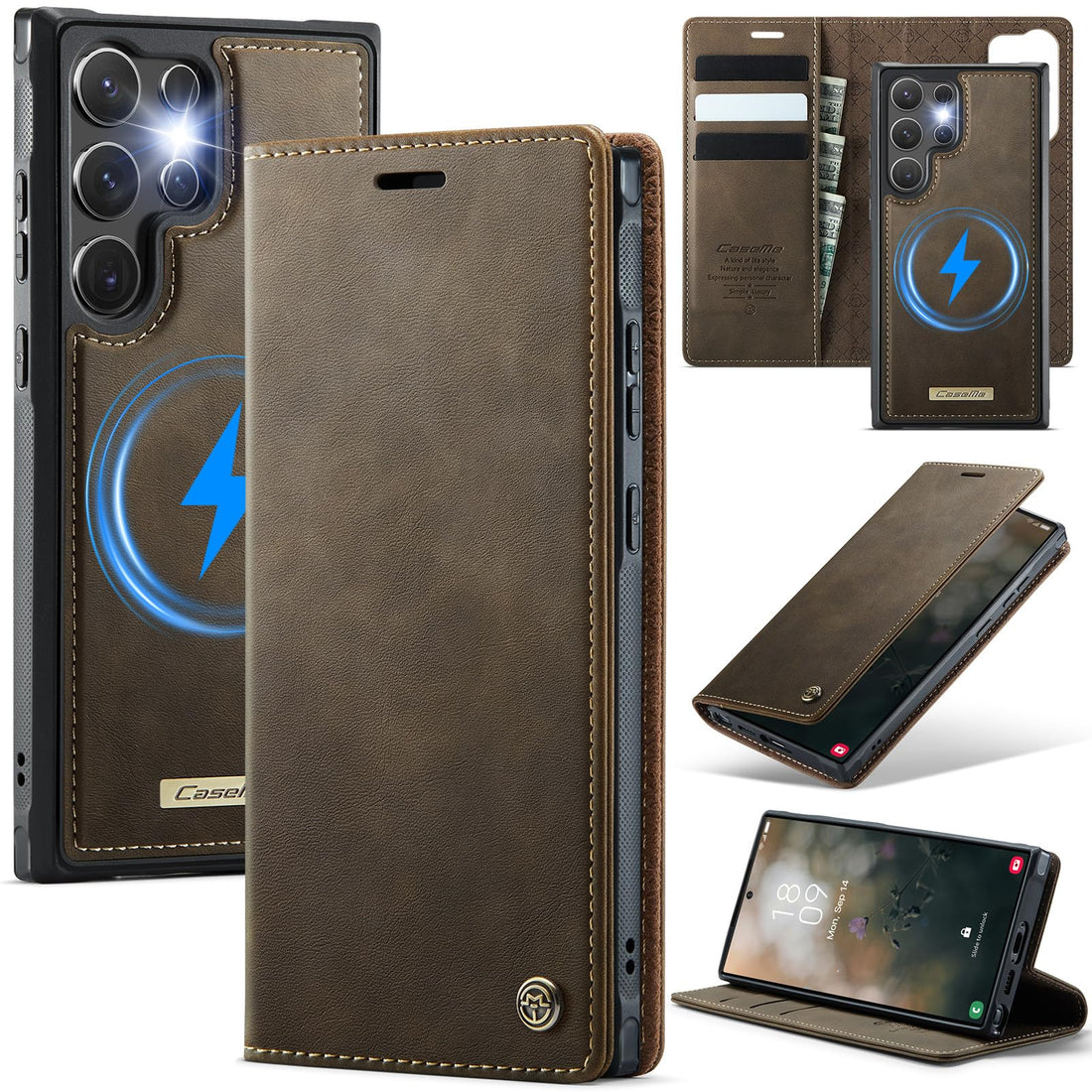 Phone Case Cover UNBLACK Luxury PU Leather Design C49 Flip Cover Card Slot Holder Support Magnetic wireless charging Back Cover detachable Compatible with Samsung Galaxy S23 Ultra (Coffe)