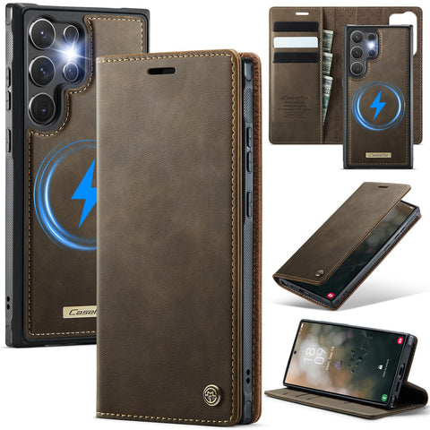 Phone Case Cover UNBLACK Luxury PU Leather Design C49 Flip Cover Card Slot Holder Support Magnetic wireless charging Back Cover detachable Compatible with Samsung Galaxy S23 Ultra (Coffe)