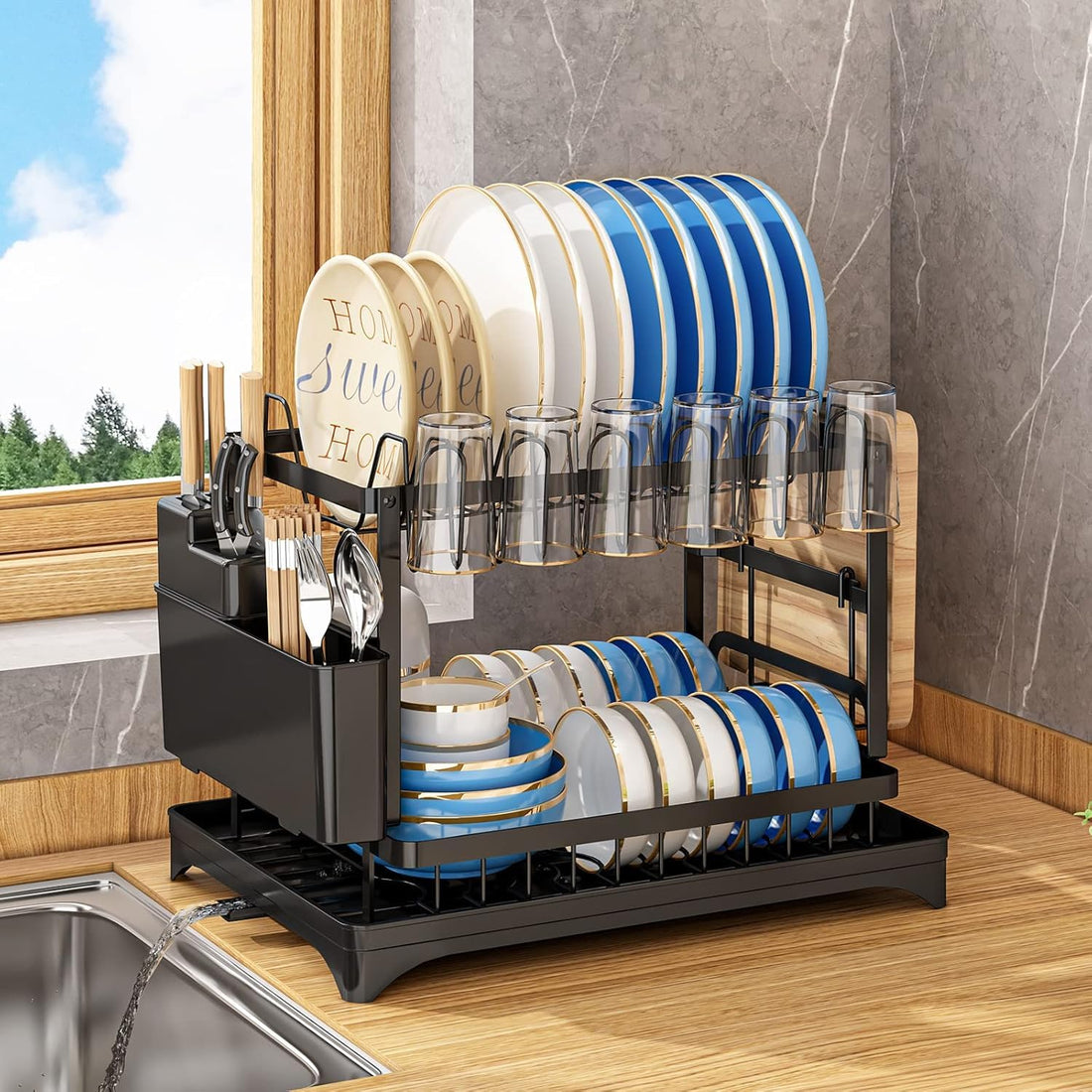 Luxury Dish Drying Rack, 2 Tier Stainless Steel Dish Drainer Stand for Kitchen Counter, Durable Dish Rack with Utensil Holder, Cutting Board Holder, Drainboard Tray, Rustproof Sink Organizer