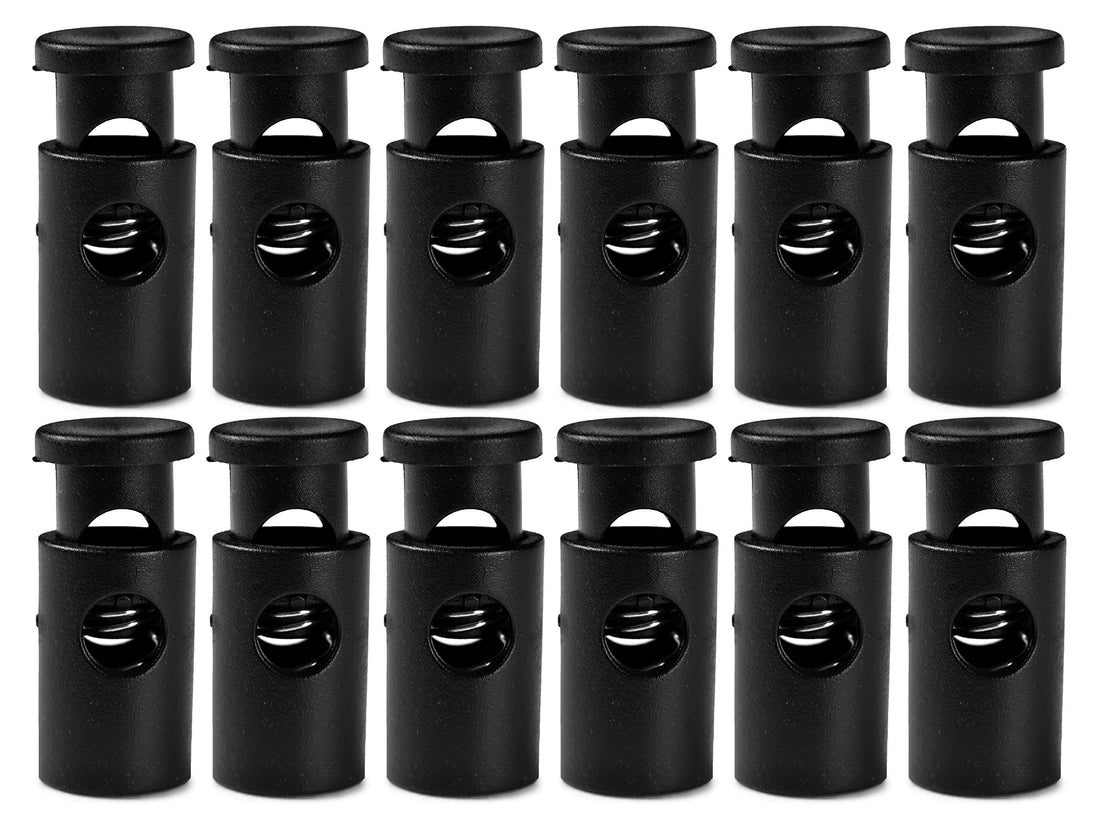 Handy Laundry Plastic Cord Locks – Single Hole Spring Loaded Toggle Stoppers, Lock Cord on Drawstring Bags, Luggage, Tents and Clothing. (12-Pack, Black)