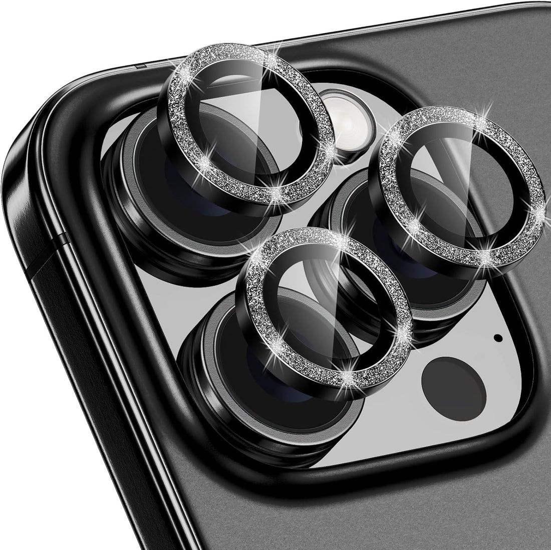 Next Store Phone Camera Lens Protector Compatible with iPhone 16 Pro/iPhone 16 Pro Max, [Glitter Ornament], Ultra Clear Tempered Glass Cover, Lens Protection Accessory with Metal Frame.(Black)