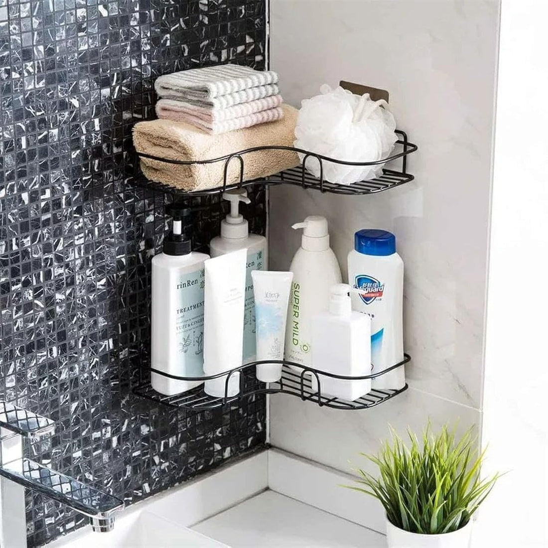 Corner Shower Bathroom Shelf, Rust Proof Bathtub Accessories Organizer, Adhesive Basket Storage Rack Shampoo Holder Wall Organization (provided with 2 heavy duty adhesive wall hooks and 2 solid nails